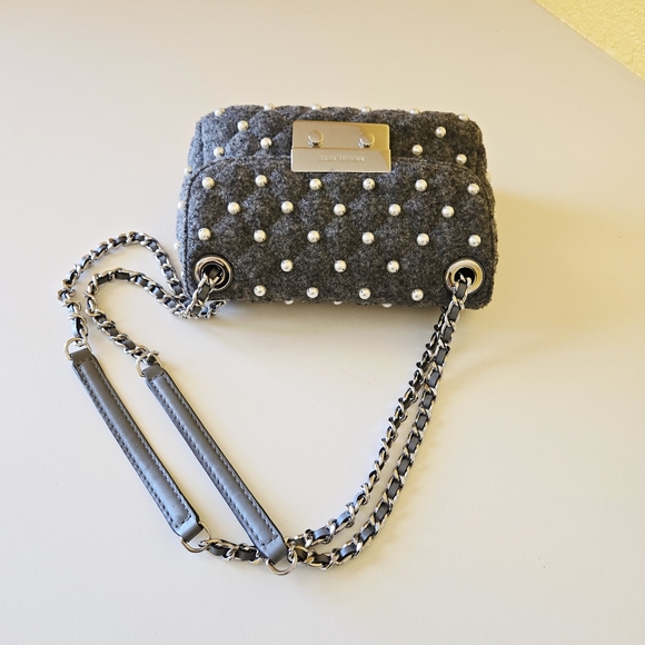 Michael Kors Sloan Small Quilted Wool Felt Pearl Embellished Chain Shoulder Bag - Picture 8 of 16
